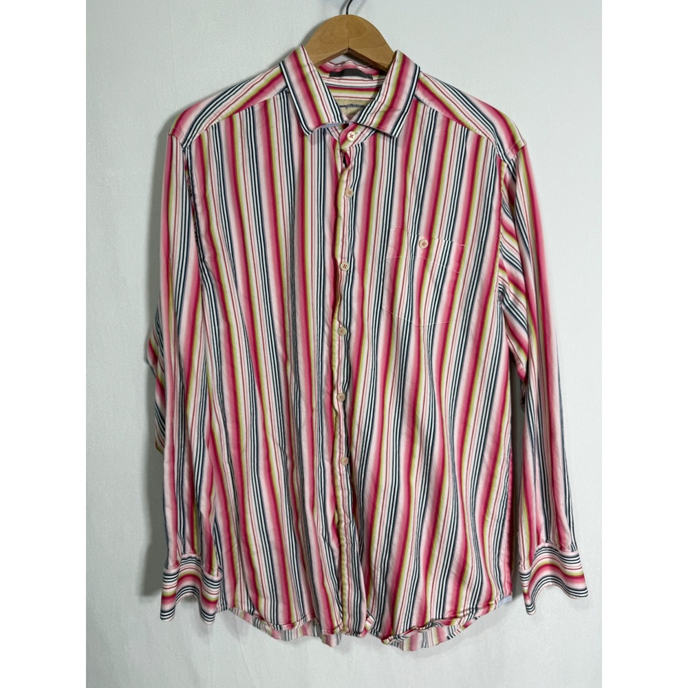 Tommy Bahama Mens Large Pink Green Striped Cotton Silk Long Sleeve Button Shirt